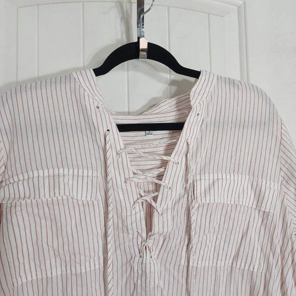 Madewell Womens Top Terrace Lace Up Shirt Vera Stripe Red White Coastal Blouse L - Picture 4 of 12